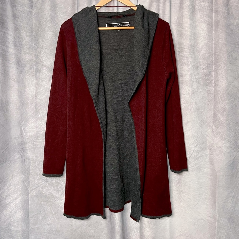 BNCI by Blanc Noir Burgundy and Gray Hooded Open Front Cardigan with Pockets - M - Picture 6 of 10